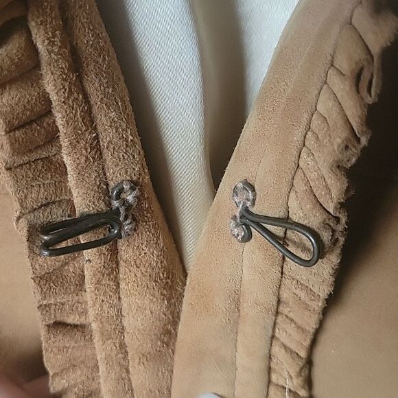 NEW INC Suede P 0 Leather Brown Tan Camel Ruffle Blazer Fitted Boho Jacket Bell - Picture 16 of 16